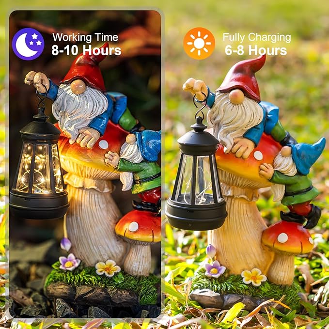 TIJNN Solar Garden Statue Gnomes Figurine Lights,Funny Gnomes Standing on Mushrooms with Lanterns, with Lanterns Outdoor Yard Decorations for Patio Porch Home, Garden Gifts for Women Mom-Ruum Studio Home