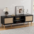TV Stand for TVs up to 65'', Entertainment Center with Rattan Door, Shelves & 2 Cabinets, Boho Media TV Console for Living Room, Bedroom, Black-Ruum Studio Home
