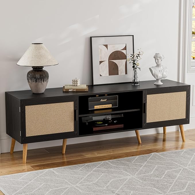 TV Stand for TVs up to 65'', Entertainment Center with Rattan Door, Shelves & 2 Cabinets, Boho Media TV Console for Living Room, Bedroom, Black-Ruum Studio Home