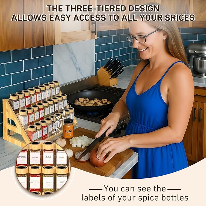 Bamboo Tiered Spice Rack, for Countertop Spice Organizer for Pantry Spice Shelf Organizer Kitchen Spices Rack-Ruum Studio Home