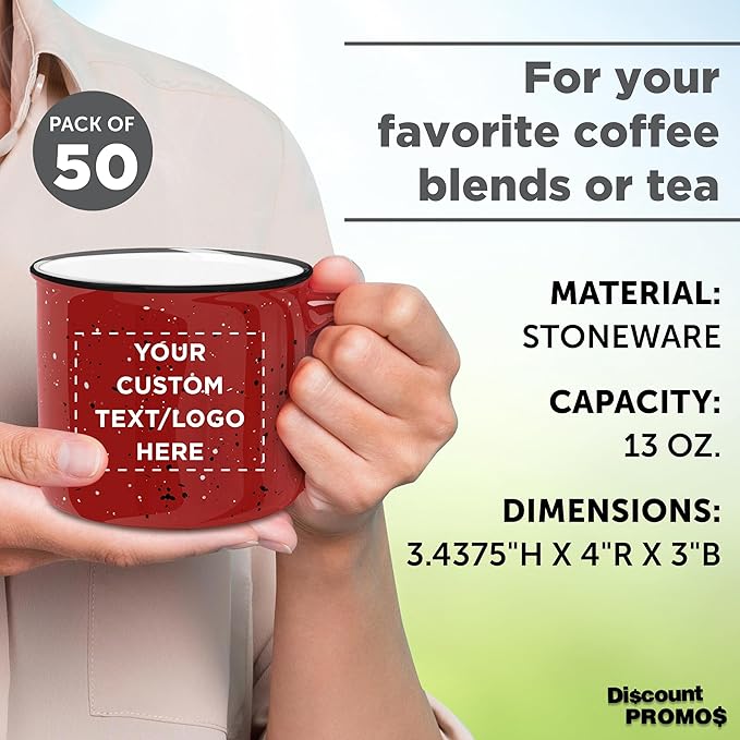 DISCOUNT PROMOS Custom Ceramic Campfire Coffee Mugs 13 oz. Set of 50, Personalized Bulk Pack - Perfect for Tea, Espresso, Cappuccino, Hot Cocoa - Red-Ruum Studio Home