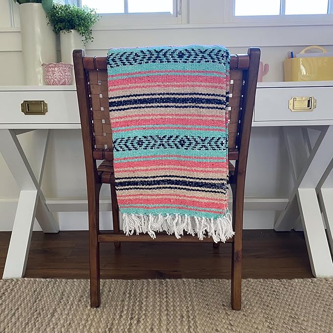 Del Mex Classic Mexican Blanket, Large Authentic Woven Falsa Throw (70"x50"), Artisan Southwest Décor for Beach, Yoga, Outdoors (Mint/Tan/Pink)-Ruum Studio Home