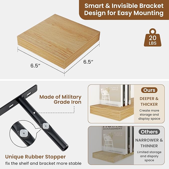 fuqing Floating Shelves for Wall, Bathroom Shelf Wall Mounted for Storage, Shelves with Invisible Bracket for Bedroom, Kitchen, Living Room, Farmhouse Small Book Shelf, 6.5 Inch Set of 3, Oak-Ruum Studio Home