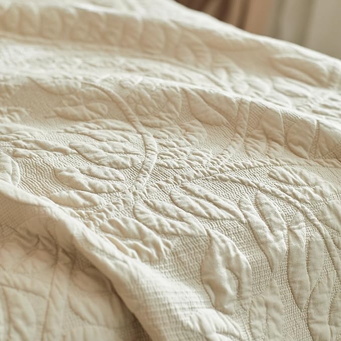 MarCielo 3-Piece 100% Cotton Oversized Bedspread Lightweight Quilt Coverlet Embroidery Farmhouse Bedding Set T0 (Yellowish Beige, Oversized Queen (100"x106"))-Ruum Studio Home