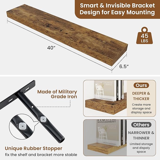 fuqing Floating Shelves for Wall, Bathroom Shelf Wall Mounted for Storage, Shelves with Invisible Bracket for Bedroom, Kitchen, Living Room, Farmhouse Small Book Shelf, 40 Inch Set of 2, Rustic Brown-Ruum Studio Home