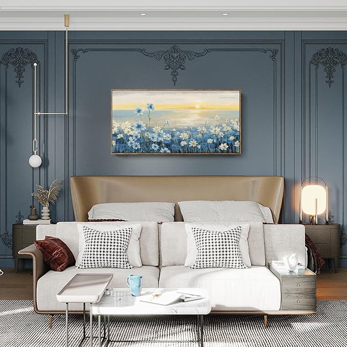 Large Framed Wall Art for Living Room Bedroom Office Decor, Modern Beach Canvas Wall Art Coastal Ocean Nature Blue Artwork Floral Sunrise/Sunset Zen Landscape Flower Wall Picture 48x24“-Ruum Studio Home