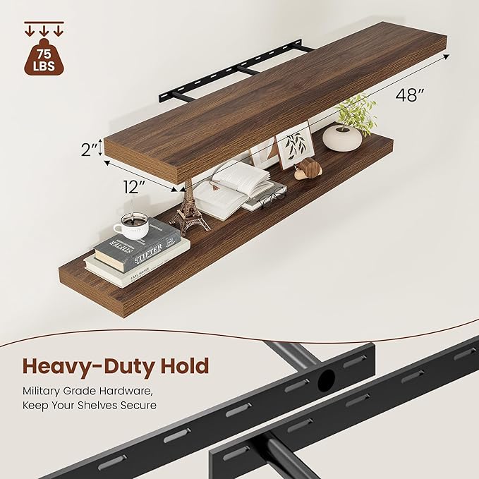 Wide Floating Shelves for Wall 12 Inch Deep, 48" X 12" X 2" Floating Shelf, 2 Inch Thick Shelf for Bathroom Bedroom Kitchen Book Room, Heavy Duty 75lbs Shelves for Farmhouse Decor Set of 2, Walnut-Ruum Studio Home