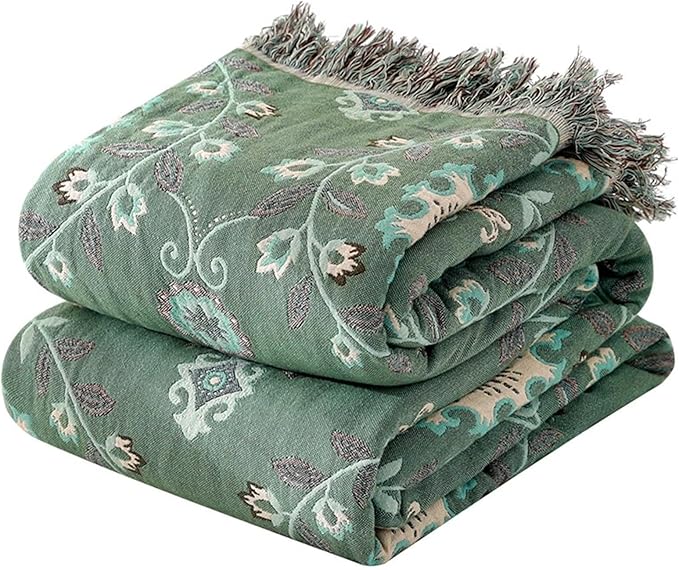 MSGKV Green Boho Throw Blanket for Bed Couch,100% Cotton Mexican Picnic Blankets Travel Blanket 80''x 90'', Super Soft Lightweight Muslin Blanket for Bedroom Living Room Boho Decor-Ruum Studio Home