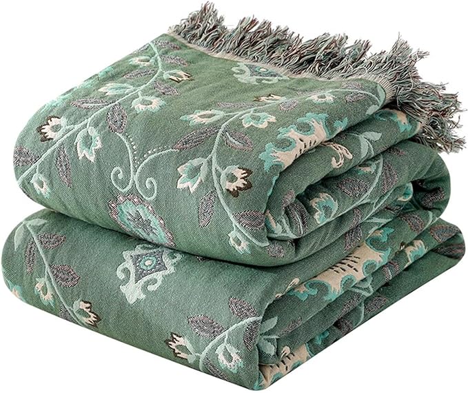 MSGKV Boho Throw Blanket for Couch Bed 100% Cotton Blankets Woven Green Blanket,Versatile Double Sided, Super Soft Warm Blanket 60''x 80''-Ruum Studio Home