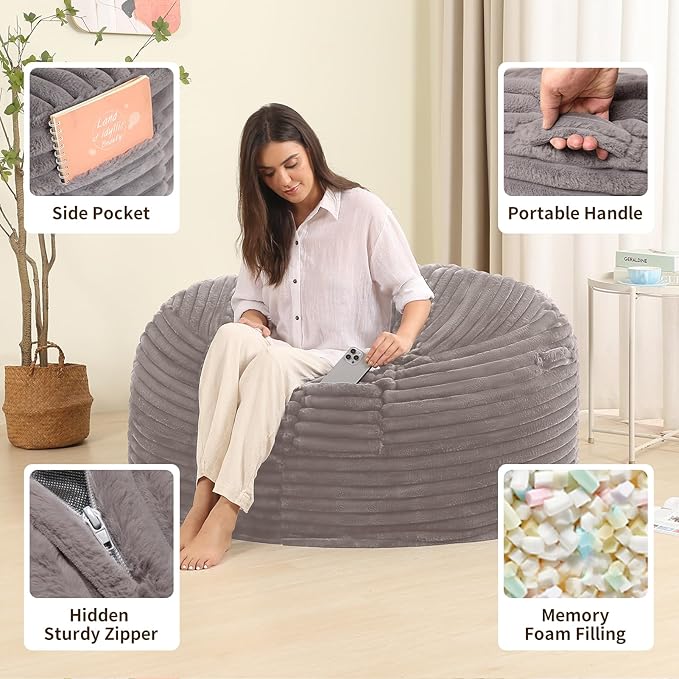 4FT Memory Foam Bean Bag Chair for Adults/Teens, Bean Bag Sofa with Fluffy Removable Cover, for Living Room Bedroom, Grey-Ruum Studio Home