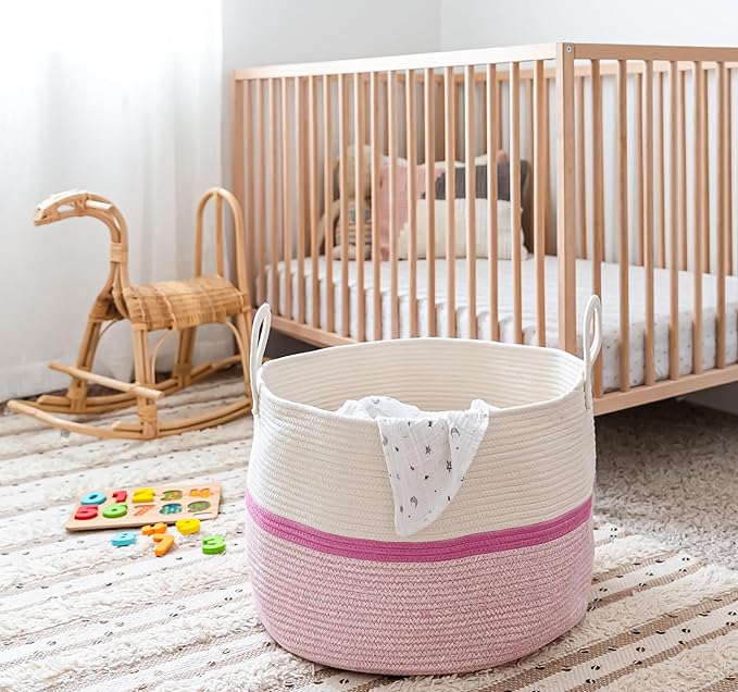 OrganiHaus Boho Woven Basket for Blankets and Laundry, Decorative Large Storage Bin for Living Room, Nursery Basket for Toys & Clothes, Soft Cotton Rope with Handles 20x13 inches - Striped Pink-Ruum Studio Home