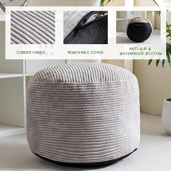 HIGOGOGO Round Stuffed Pouf Ottoman, Corduroy Poufs with Foam Chunk Filling, Furry and Fluffy Pouf Foot Stool Storage Ottoman, 26 X 18 Floor Poufs Foot Rest for Living Room, Grey-Ruum Studio Home