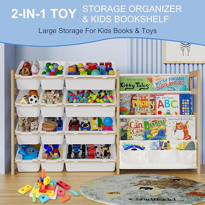 Large Toy Storage Organizer with Bookshelf, Toy Organizers and Storage with 12 Storage Bins, 4 Tier Multipurpose Toys Organizer Storage for Kids Room, Playroom, Nursery Room, White-Ruum Studio Home