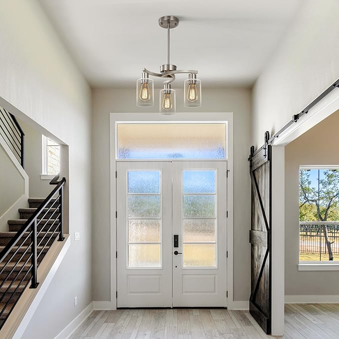 3-Light Brushed Nickel Pendant Lighting for Kitchen Island, Hanging Dining Room Light Fixtures Over Table, Industrial Chandelier for Entryway Hallway Foyer Bedroom, Clear Glass Shade-Ruum Studio Home