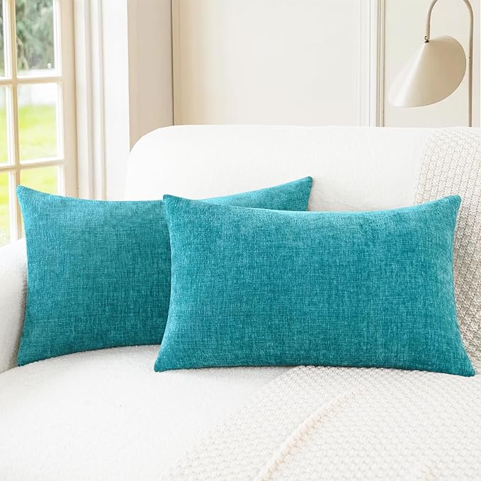 CaliTime Throw Pillow Covers Decorative 12 X 20 Inches Pack of 2 Cozy Chenille Cushion Cases for Couch Sofa Bed Living Room Home Lake Blue-Ruum Studio Home