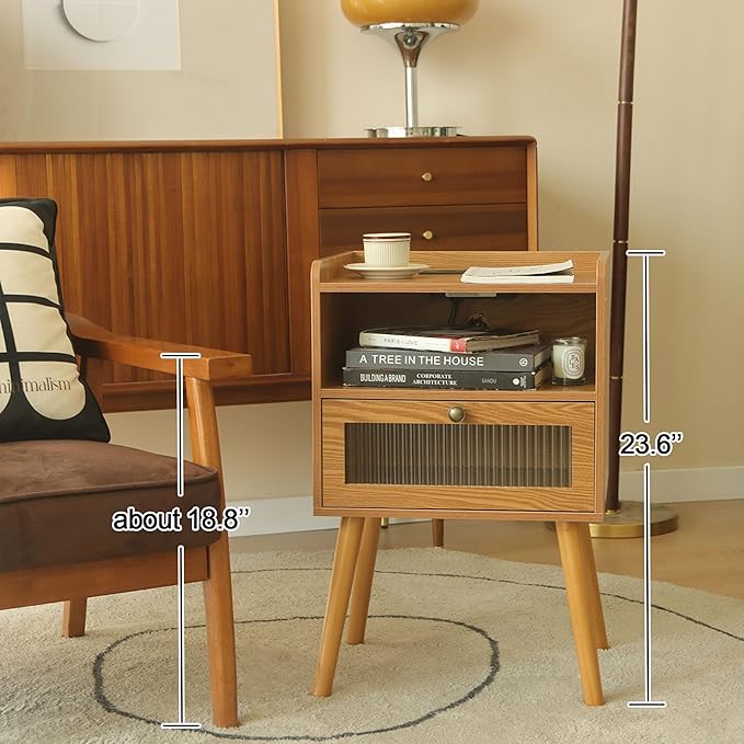 AWASEN Mid Century Nightstand with Charging Station, Modern Bedside Table with Glass Decorative Drawer, Small End Side Table with 2 Tiers Storage for Bedroom, Office and Small Space(Brown)-Ruum Studio Home