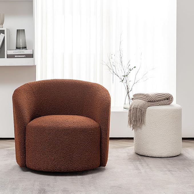 KINWELL 34" Boucle Swivel Barrel Chair with 18" Round Ottoman Set, Fully Assembled Set of Sherpa Accent Chair and Footrest, Modern Comfy Armchair and Footstool for Living Room and Bedroom, Brown-Ruum Studio Home