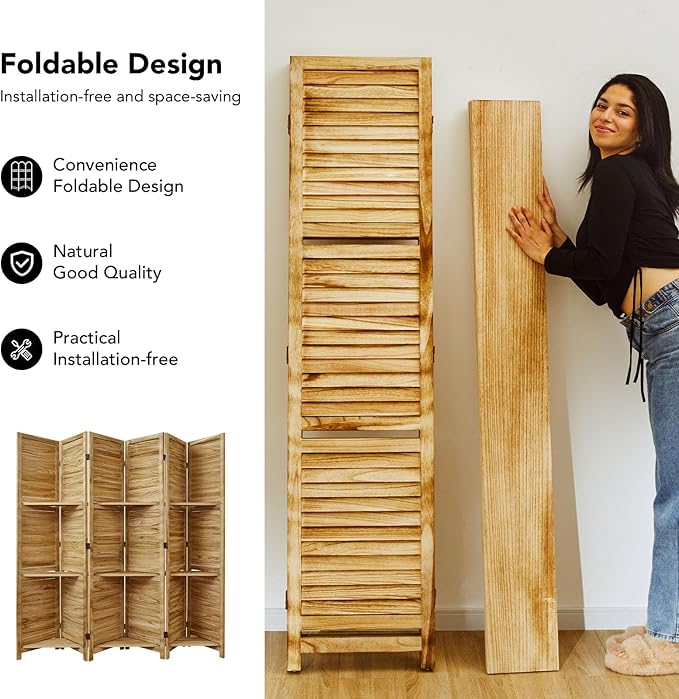 Room Divider with Shelves, 5.6 Ft Tall Folding Wood Screen with Double Hinges for Home Office Bedroom Hotel Decoration (6 Panels, Natural)-Ruum Studio Home