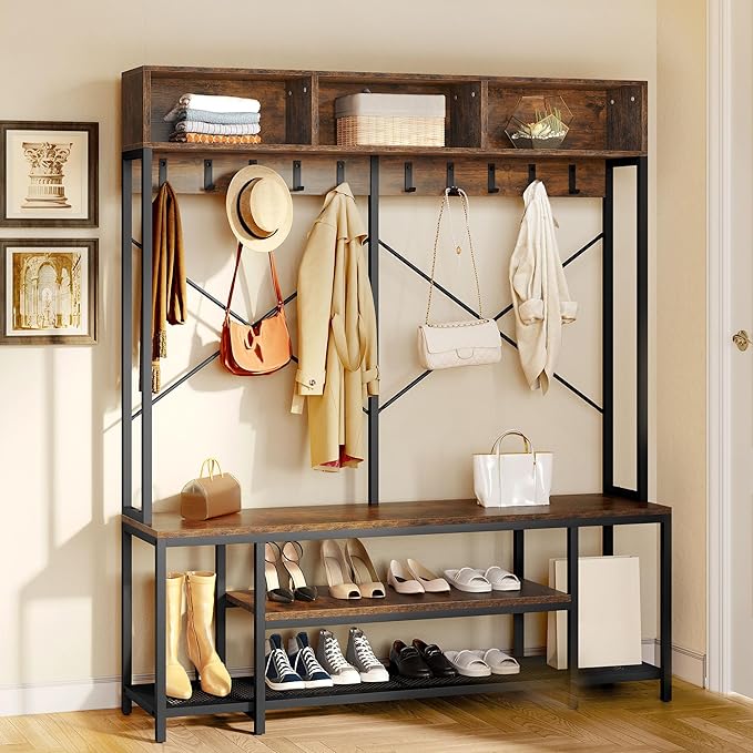 YITAHOME Entryway Bench with Coat Rack, 5-in-1 Hall Tree with Shoes Storage, Industrial Freestanding Coat Rack Shoe Bench with Storage Shelves, 10 Hooks for Hallway, Bedroom, Rustic Brown-Ruum Studio Home