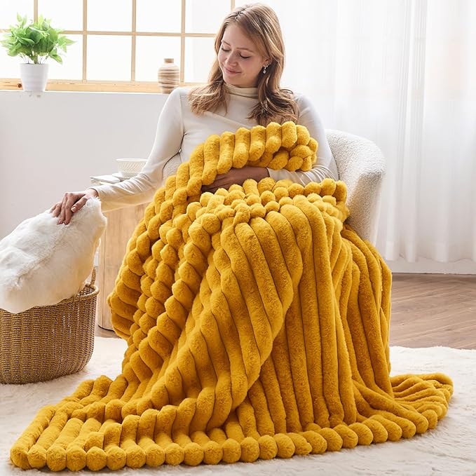 NEWCOSPLAY Faux Fur Throw Blanket Mustard Yellow 3D Ribbed Plush Thick Warm Blanket for Couch Sofa Bed 850GSM (Mustard Yellow Ribbed, Throw(50"x60"))-Ruum Studio Home