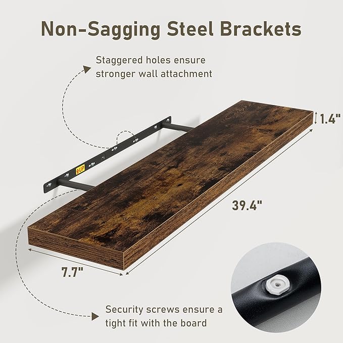 Floating Shelves Wall Shelf 40 Inch, 8 Inch Deep Floating Shelf for Wall, Farmhouse Black Wood Shelves Invisible Bracket for Living Room, Bedroom, Kitchen, 40 x 8 x 1.4 Inch, Set of 2, Rustic Brown-Ruum Studio Home