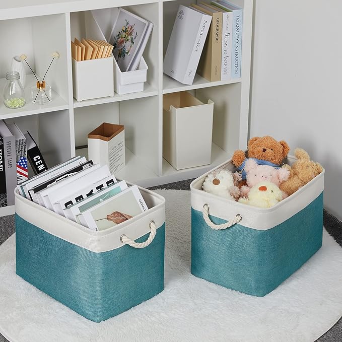 Bidtakay Foldable Storage Bins Set of 2 Tall Cloth Baskets 16" X 11.8" X 11.8" Decorative Organizers for Linen Closet (White & Teal)-Ruum Studio Home