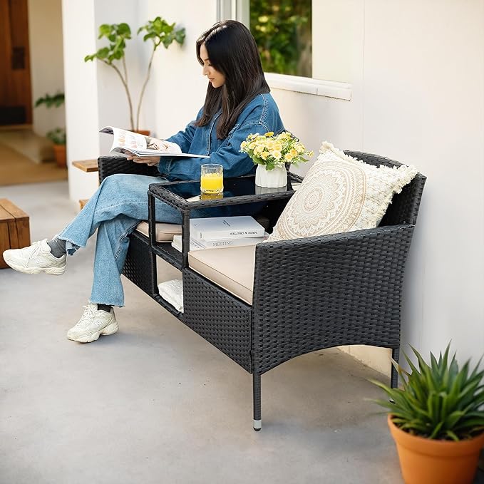 Flamaker Outdoor Furniture Patio Loveseat Wicker 2-Seat with Built-in Table and Cushions Rattan Porch Chairs Bench for Balcony, Lawn, Backyard (Beige)-Ruum Studio Home