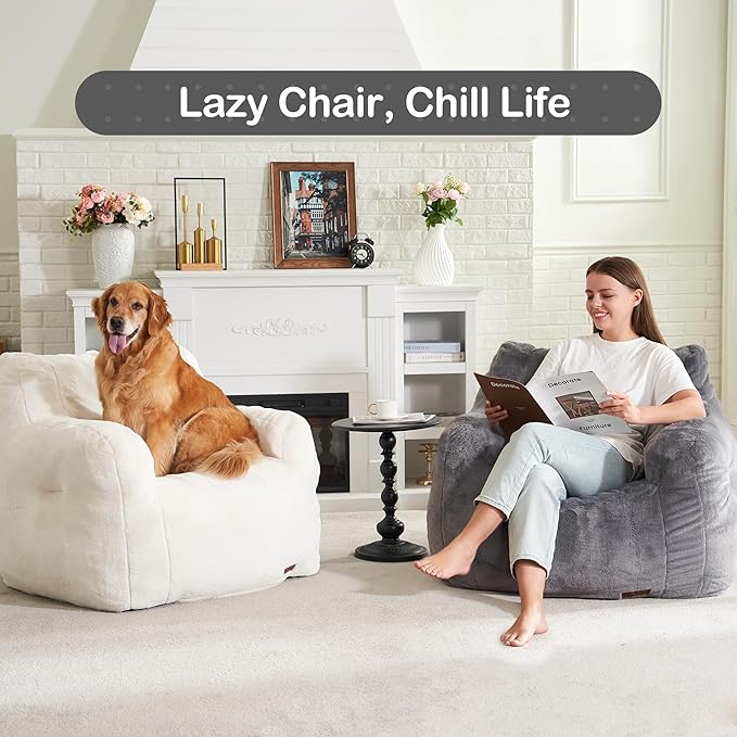 Hobestluk Bean Bag Chair for Adult Small Bean Bag Chairs with Arms Furry Beanbag Chair with Foam Filler Stuffed Bean Bag Sofa for Reading in Bedroom Living Room and Dorms(Grey)-Ruum Studio Home
