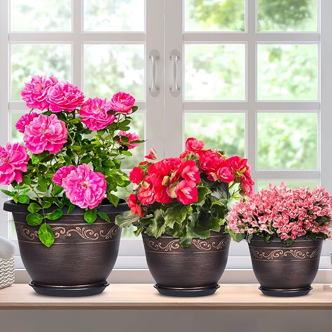 Plastic-Plant-Flower-Planters-12 Inch with Drainage Hole & Saucer, 3 Packs Lightweight Small Resin Flower Pot Indoor Outdoor, Retro Antique Imitation Decorative Garden Containers Sets for Houseplants-Ruum Studio Home