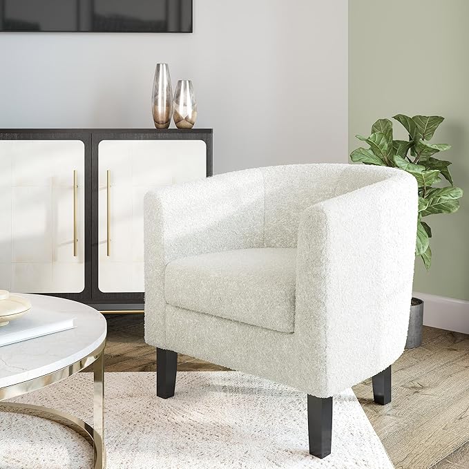 BELLEZE Accent Barrel Chair, Linen Round Chair Club Tub Sofa Corner Chair with Flared Legs and Cozy Soft Padding for Living Room Bedroom Waiting Room - Teddy White-Ruum Studio Home