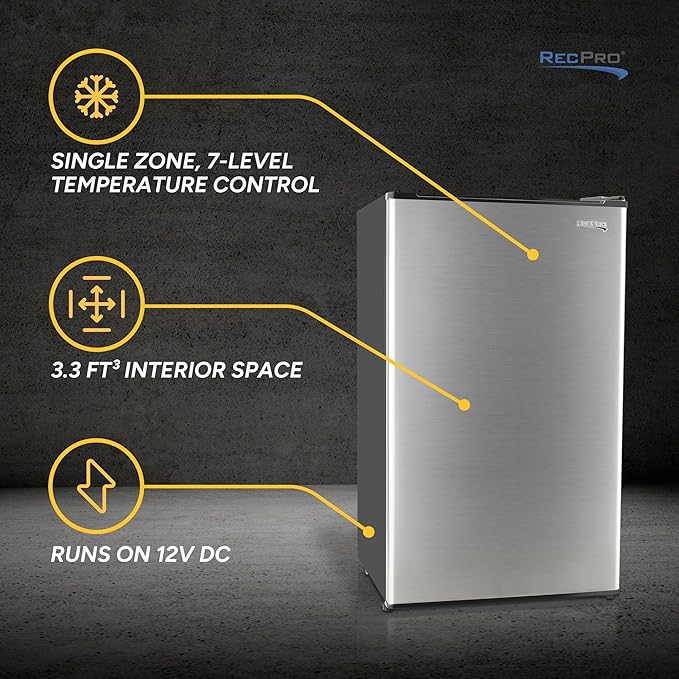 RecPro 3.3 Cu Ft 12V RV Refrigerator | Stainless Steel Frost-Free Fridge with Can Holder | Compact Camper Fridge with Door Storage, 7 Temp Settings | 19”W x 19”D x 32.75”H-Ruum Studio Home
