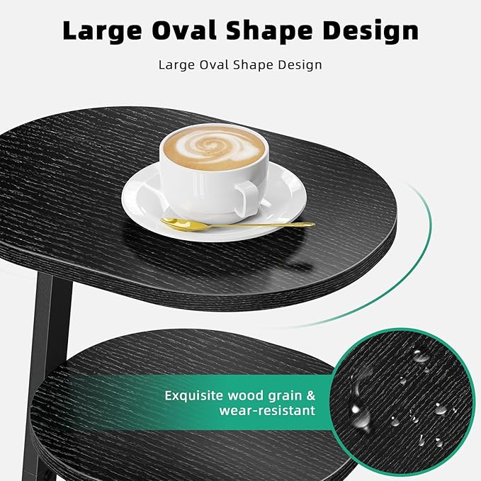 Side Table, Small End Table with Metal Frame, 3-Tier Bedside Tables, Round Side Tables for Living Room Bedroom Couch Bathroom, Oval, Pure Black-Ruum Studio Home