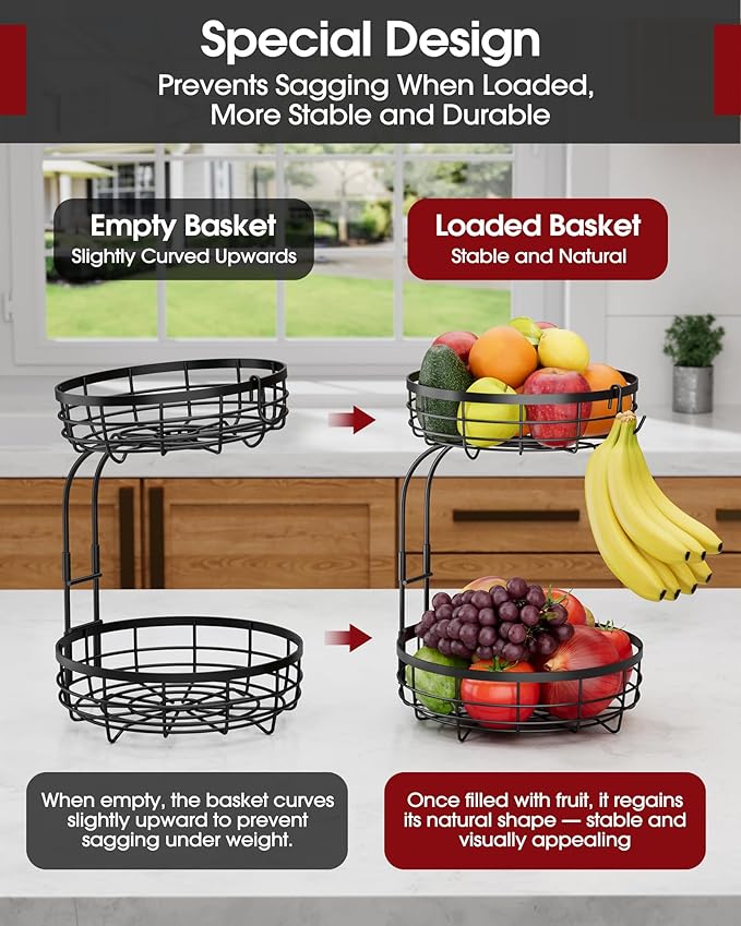Fruit Basket for Kitchen Counter - 2-Tier Large Capacity Fruit Bowl with Detachable Banana Hanger, Rust-Proof Metal Fruit Holder for Vegetables, Bread, Toiletry,10" D x 10" W x 14" H, Black-Ruum Studio Home