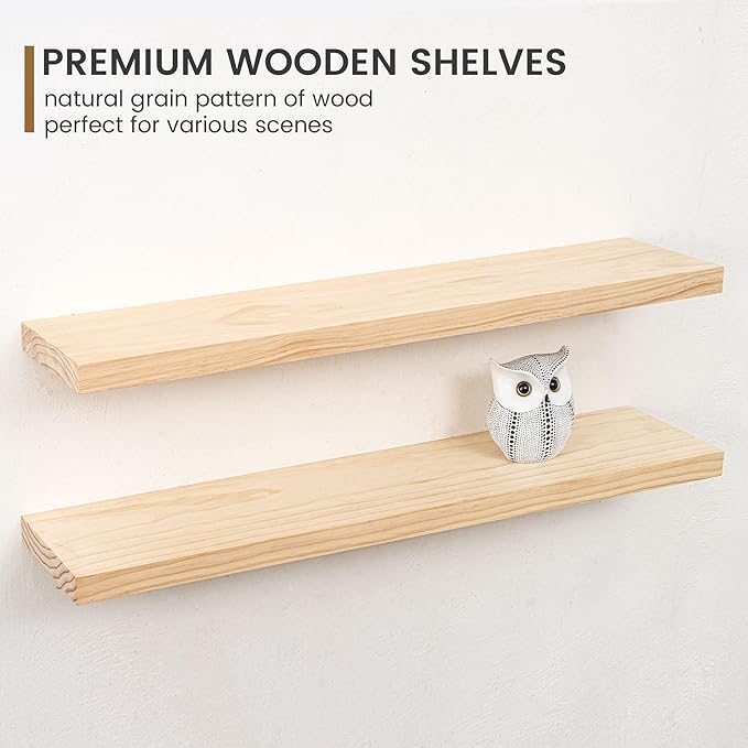 Fun Memories 36 Inch Floating Shelves for Wall, Deep Rustic Solid Pine Wood Wall Shelves for Storage - Farmhouse Wall Mounted with Heavy-Duty Metal Bracket, 36" W x 8" D, Set of 2,Unfinished-Ruum Studio Home