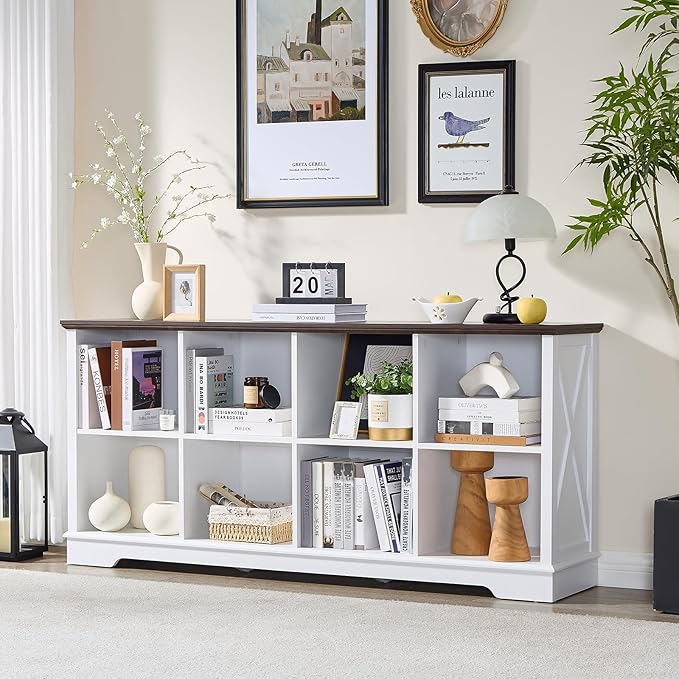 Farmhouse 8 Cube Bookshelf, White Storage Organizer Bookcase, Kids Toy Storage Cabinet, Long Bookshelves Storage Organizer Shelf, Wood Display Cabinet Book Shelves for Bedroom,Living Room,Office-Ruum Studio Home