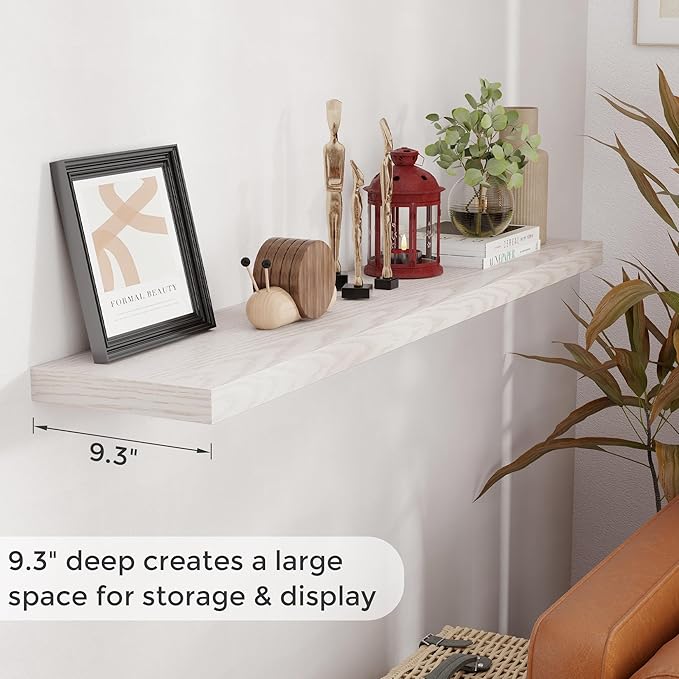 Floating Shelves 55 Inch Long, 55"W x 9"D Wall Shelf Invisible Bracket, 9 Inch Deep Floating Shelf for Wall, Rustic Wooden Shelves for Living Room, Kitchem, Bedroom, Brich Color, Set of 1-Ruum Studio Home
