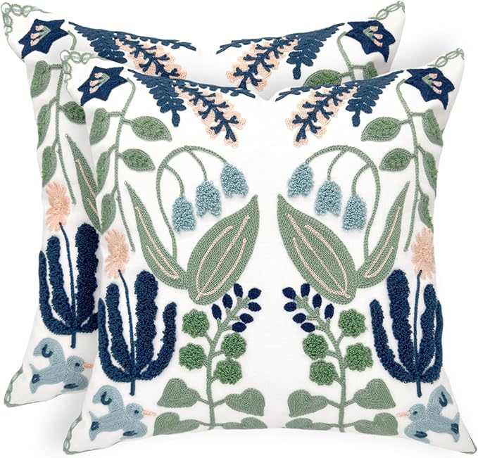 Alysheer Floral Embroidered Summer Decorative Throw Pillow Covers 20"x 20" Set of 2, Farmhouse Cottage Navy Blue Green Flowers Leaves Knit Pattern Cotton Canvas Cushion Case for Couch Bed Living Room-Ruum Studio Home