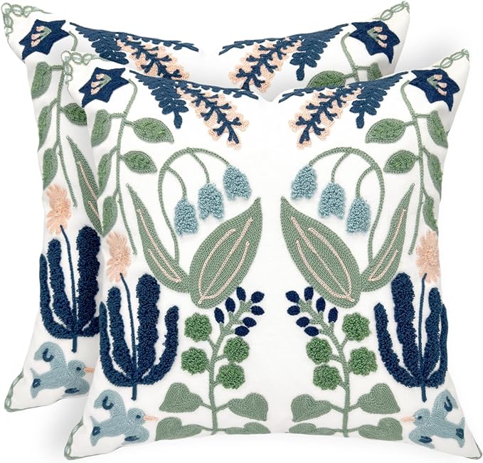 Alysheer Summer Floral Embroidered Decorative Throw Pillow Covers 18"x 18" Set of 2, Farmhouse Navy Blue Flowers Green Leaves Tufted Patterned Cotton Cushion Cases for Couch Bed Living Room Decor-Ruum Studio Home