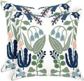 Alysheer Summer Floral Embroidered Decorative Throw Pillow Covers 18"x 18" Set of 2, Farmhouse Navy Blue Flowers Green Leaves Tufted Patterned Cotton Cushion Cases for Couch Bed Living Room Decor-Ruum Studio Home