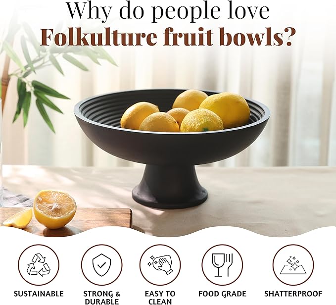 Folkulture Wooden Fruit Bowl for Kitchen Counter | 12" Large Premium Eco Friendly Banana Fruit Basket for Kitchen | Black Wood Bowl with Holder, Pedestal for Table Decor, Centerpiece for Dining Table-Ruum Studio Home
