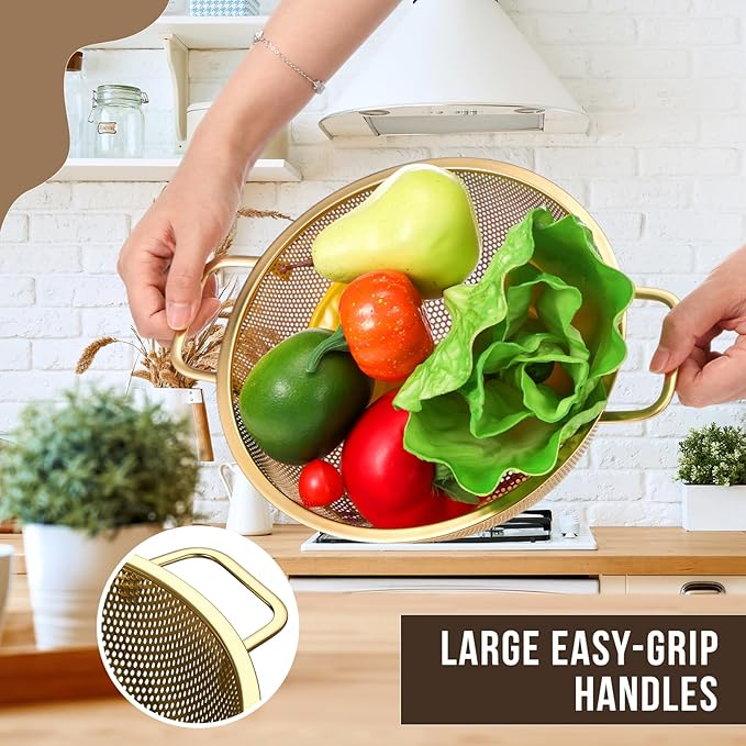 Norme 3 Quart Stainless Steel Gold Colander Gold Fine Mesh Strainer, Stainless Steel Pasta Rice Food Metal Strainer with Handles, Easy Clean and Dishwasher Safe-Ruum Studio Home
