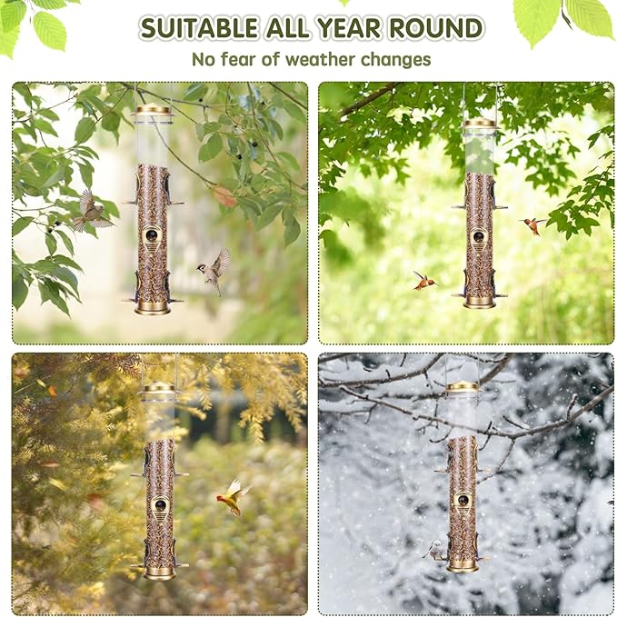 MIXXIDEA 2PK Metal Wild Bird Feeder Squirrel Proof Bird Feeders for Outside Hanging 6 Port Tube Bird Feeder Transparent Finch Feeder with Steel Hanger (Bronze)-Ruum Studio Home