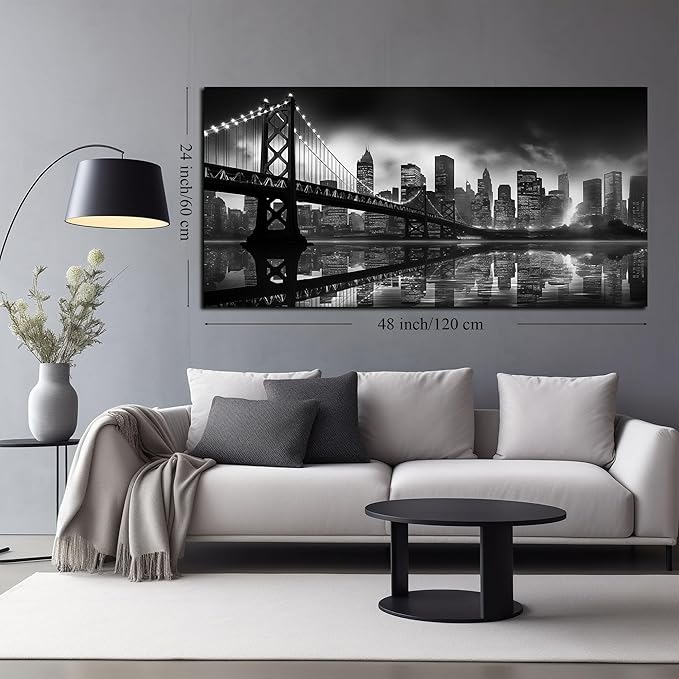 Brooklyn Bridge Canvas Wall Art for Bedroom Black and White City Wall Decor for Living Room Office Wall Art Decor 24 x 48 Inch-Ruum Studio Home