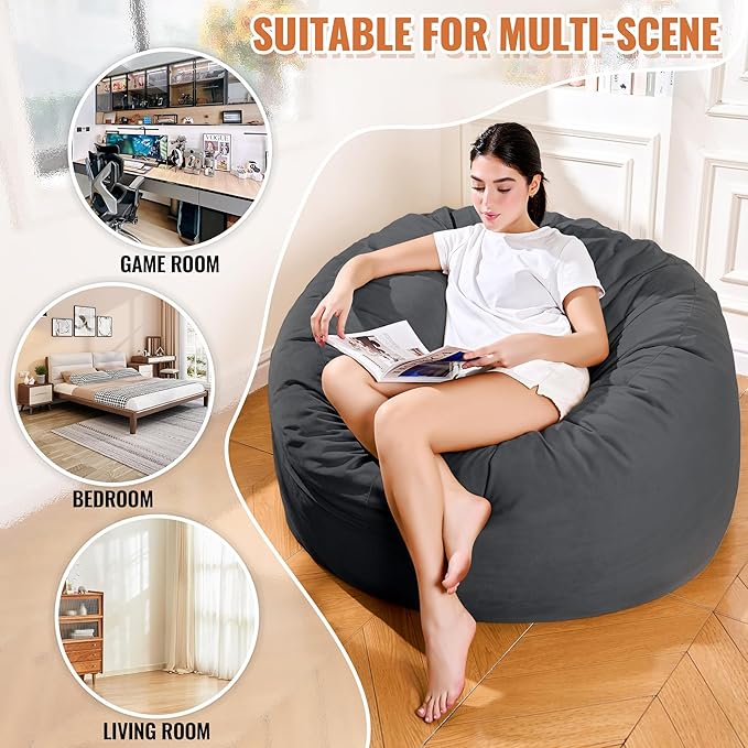 4FT Bean Bag Chair: Bean Bag with Velvet Cover, Fluffy and Comfy Bean Bag Chairs for Adults and Kids, Bean Bag Sofa Filled with High-Density Sponge for Gaming (Black)-Ruum Studio Home
