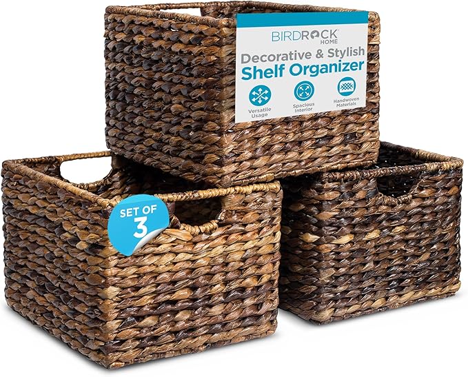 BIRDROCK HOME Woven Storage Shelf Organizer Baskets with Handles - Set of 3 - Abaca Wicker Basket - Pantry Living Room Office Bathroom Shelves Organization - Under Shelf Basket - Handwoven (Espresso)-Ruum Studio Home