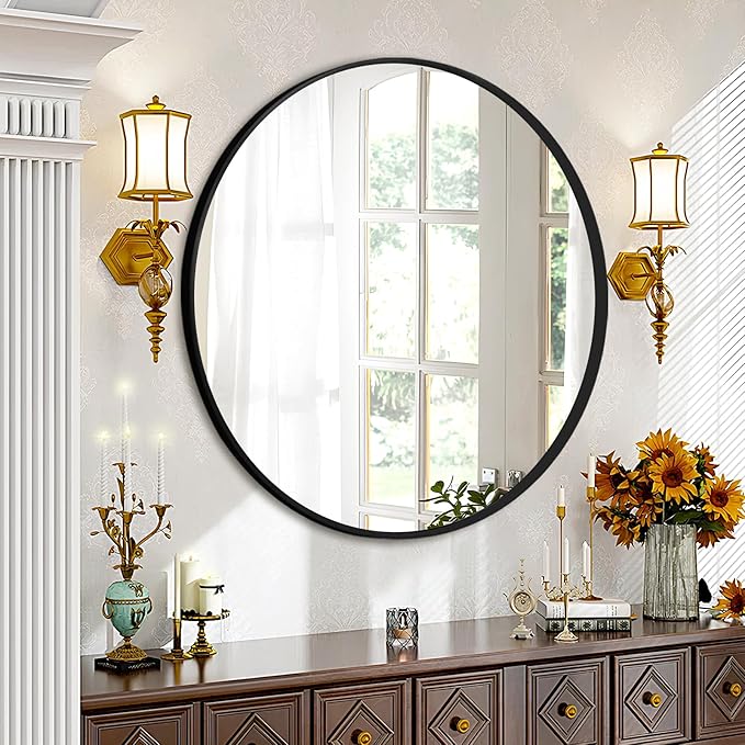 Fabuday Black Round Mirror 39 Inch - Big Circle Wall Mirror for Bathroom, Living Room, Hallway, Entryway, Matte Aluminum Frame Large Circular Mirrors for Wall Decor-Ruum Studio Home
