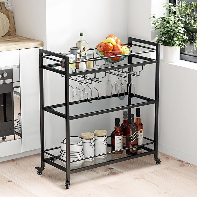 Glass Black Bar Carts for Home with Hanging Wine Rack - Home Bar Serving Cart with 3 Mirrored Shelves, Kitchen Bar Carts, Wine Cart for Entertaining, Club Party.-Ruum Studio Home