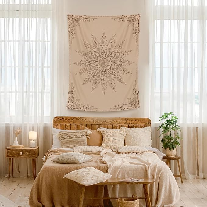 Damanse Floral Tapestry Wall Hanging Cute,Boho Wall Tapestry for Bedroom Aesthetic,Mandala Living Room Decor for Teen Girls (Flaxen, 70.9"x90.6")-Ruum Studio Home