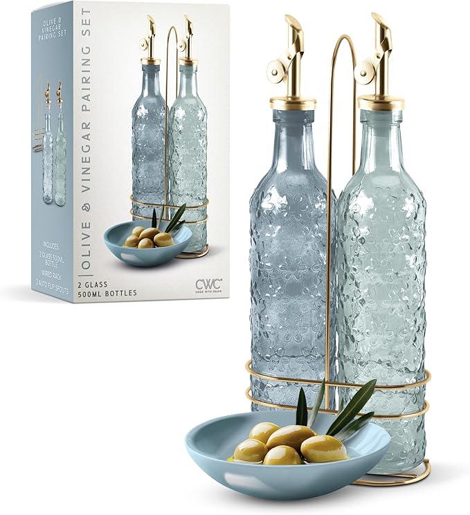 COOK WITH COLOR Glass Olive Oil Bottle Dispenser - 2 Pack- 17oz Oil and Vinegar Cruet - Olive Oil Carafe Decanter for Kitchen-Ruum Studio Home