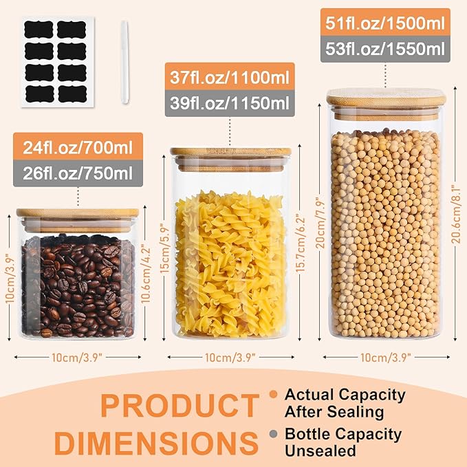 Glass Food Storage Jars with Lids(24oz/37oz/50oz)Square Set of 6 ,Glass Storage Containers Clear Glass Food Canister with Bamboo Lid Airtight For Serving Tea, Coffee Beans, Candy,Spice and More-Ruum Studio Home